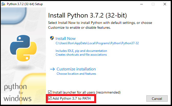 Add Python to PATH checkbox